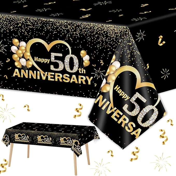 3pcs Happy 50th Anniversary Tablecloths Black Gold Table Covers 50th Wedding Anniversary Party Supplies for Parents Cheer to 50 Years Party Decorations and Plastic Disposable Favors,108*54 inch