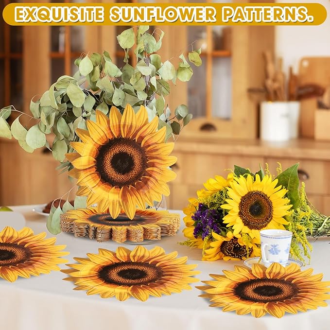 50 Pcs Sunflower Paper Plates Sunflower Shaped Plates Sunflower Baby Shower Party Supplies Sunflower Print Theme Plate for Birthday Baby Shower Bridal Shower Spring Garden Party Decorations