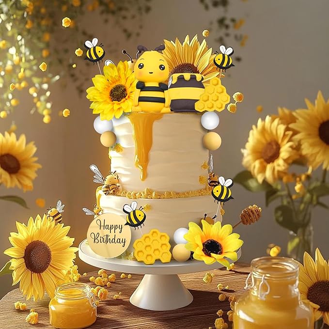 17 PCS Bee Cake Topper Happy bee day Cake Topper Honeycomb Sunflower Cake Decoration for Honeycomb Theme Birthday Party Supplies