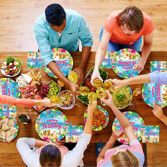 96 Pcs Hawaiian Aloha Party Decorations Supplies, Luau Tropical Birthday Party Plates Summer Beach Holiday Party Paper Plates Napkins Tableware Disposable Dinnerware Set , Serves 24