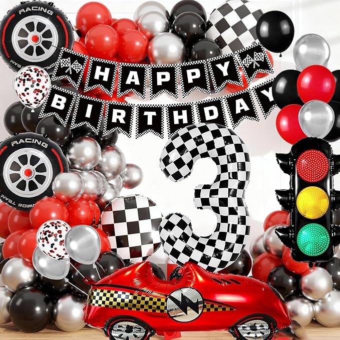 Race Car Birthday Party Decorations, with 40 Inch Number 3 Balloon, Happy Birthday Banner, Traffic Light and Foil Tire Balloon for 3rd Car Themed Birthday Party Supplies