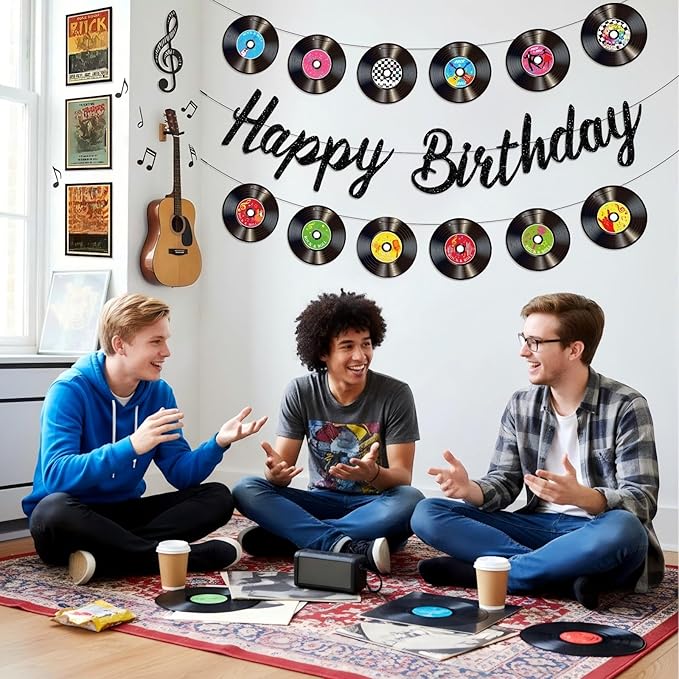 3 Pcs Rock and Roll Birthday Party Decorations - Vinyl Records Birthday Banners, Retro Glitter Vinyl Record Banner Garland for 50s 60s 70s Rock and Roll Music Theme Party Decorations Supplies