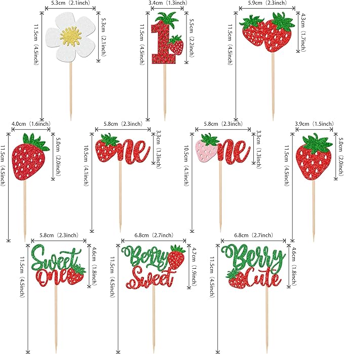 30 PCS Sweet One Strawberry Cupcake Toppers Glitter Sweet Berry 1st Birthday Cupcake Picks Strawberry Birthday Decorations for Baby Shower Kids First Birthday Party Cake Decorations Supplies Colorful