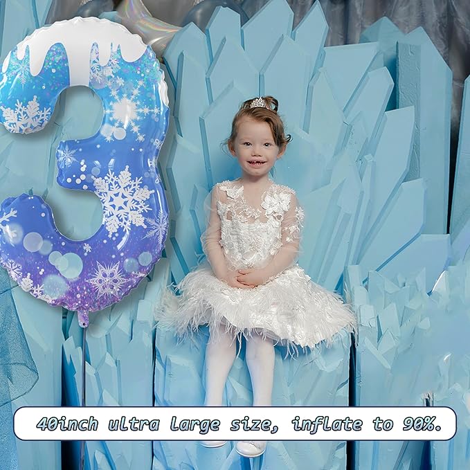40 Inch Frozen Balloon Number 3 Birthday Balloons Decorations for Girls Birthday Snowflake Themed Party Supplies Winter Party Decorations (Blue Snowflake, number 3)