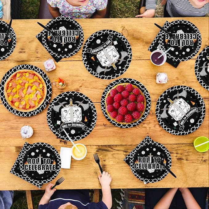 96Pcs D20 Dice Party Supplies Dungeons Game Themed Dragons Dice Plates and Napkins Roll to Celebrate Tableware Set for Role-Playing Birthday Game Theme Party Supplies，Serves 24
