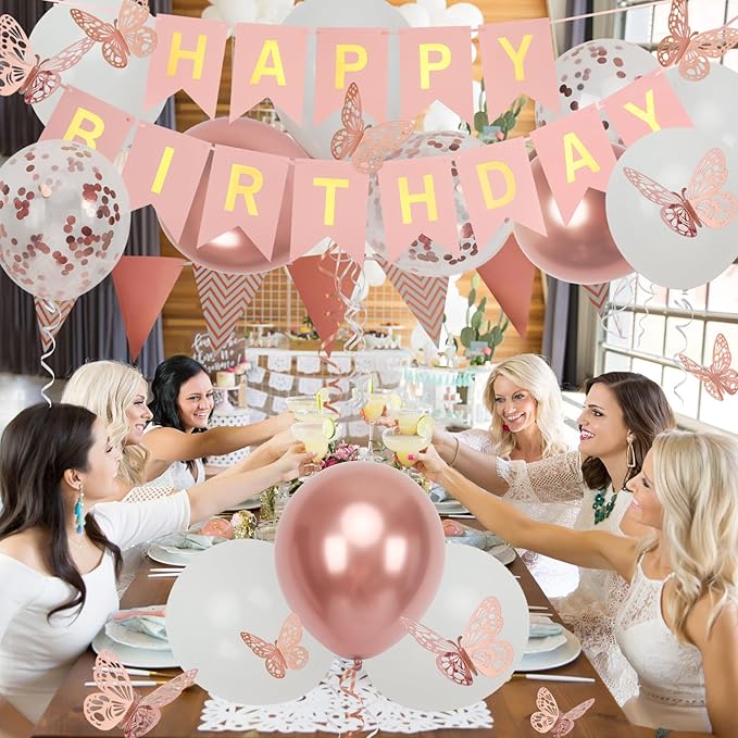 Rose Gold Birthday Decoration, 18 pcs 12 inch Happy Birthday Banner with Butterfly Stickers and Balloons for Girl and Women Happy Birthday Decorations