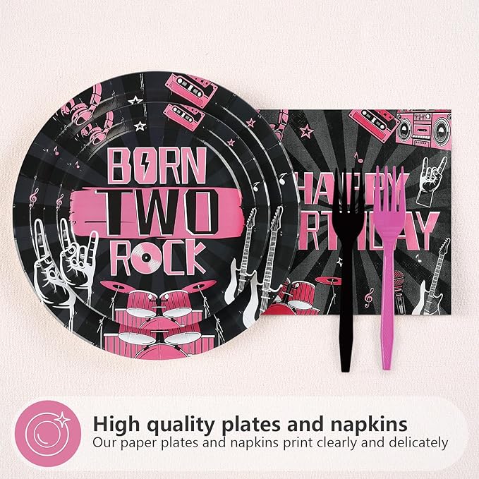 96Pcs Bad Two The Bone Birthday Decorations Rock and Roll 2nd Birthday Plates and Napkins Black Pink 2nd Tableware for 2 Years Old Rock Band Music Birthday Retro Bday Party Supplies Serves 24