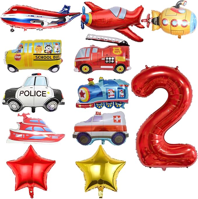 12pcs Transportation Truck Plane School Bus Fire Truck Police Car Ship Ambulance Submarine Birthday Number Foil Balloon for Transportation 2nd Birthday Vehicles Theme Party Supplies Decorations (2nd)
