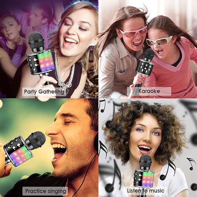 ShinePick Karaoke Microphone, 4 in 1 Wireless Microphone with LED Lights Handheld Portable Karaoke Machine, Home KTV Player, Compatible with Android & iOS Devices(Black)