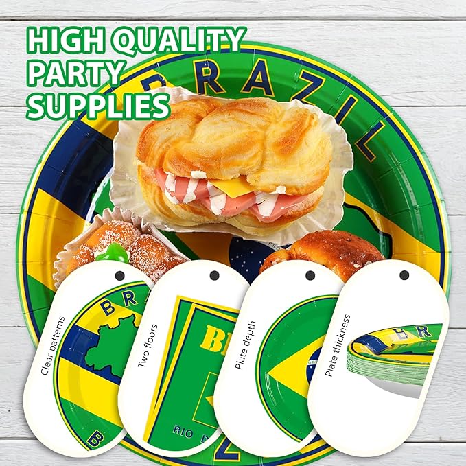 96 Pcs Brazil Flag Birthday Party Supplies Brazil Flag Party Plates and Napkins Disposable Brazilian Flag Tableware Set for Brazil Party Decorations Patriotic Event Birthday Family Gathering Serves 24