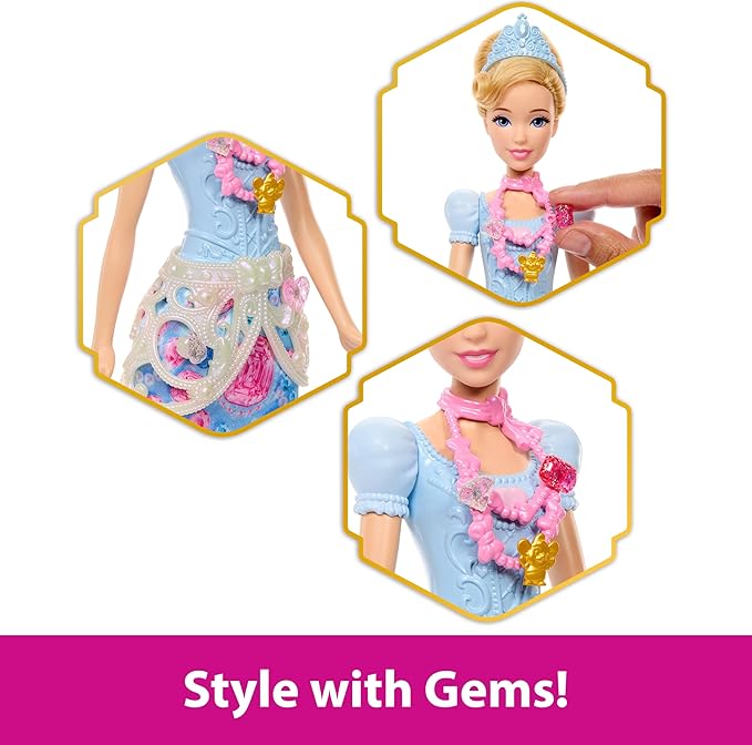 Mattel Disney Princess Cinderella Fashion Doll & Accessories with 8 Surprises, Including Heart Gem Box, Ring for Child & 9 Pieces, Inspired by Movie