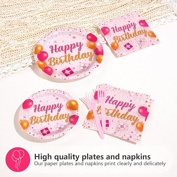96Pcs Pink and Orange Birthday Party Decorations Pink and Orange Plates and Napkins Disposable Tableware Sets for Sunset Theme Birthday Party Decorations Serves 24