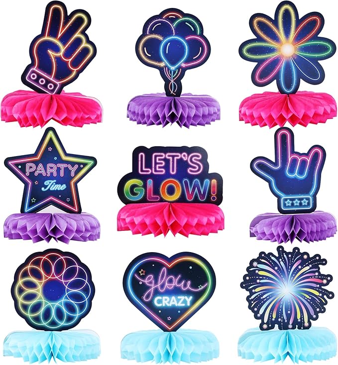 9-Piece Glow Neon Party Decoration Honeycomb Centerpieces for Tables Let's Glow Honeycomb Decorations Tabletop Centerpiece Sign for Glow in Dark Party Baby Shower