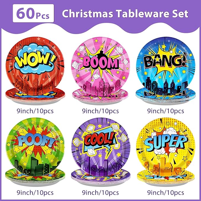 60Pcs Super Theme Hero Party Plates 9"Large Disposable Colorful Comic Super Paper Plates Hero's Action Sign Dessert Plate Super Theme Hero Birthday Decoration for Kid Baby Shower Spider Party Supplies