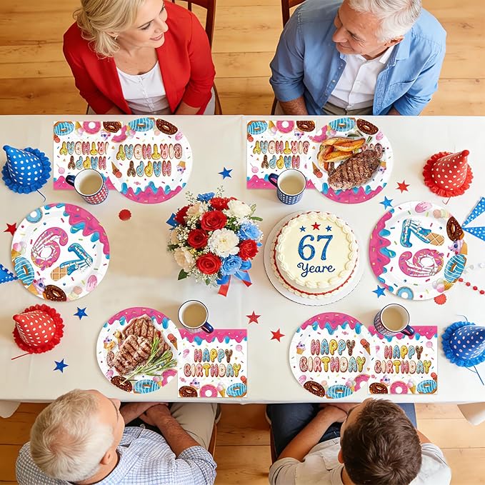 96Pcs Donut 6 7 Birthday Decorations 6/7 Birthday Plates and Napkins 67 Themed I was 6 Now I'm 7 Disposable Paper Tableware Set for Kids Boys Girls 6-7 Year Old Party Supplies Serves 24