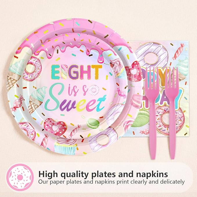 96 Pcs Sweet Sassy and 8 Birthday Decorations Donut 8th Birthday Party Decorations for Girls Colorful Donut Plates and Napkins 8 Years Old Disposable Party Supplies Serves 24