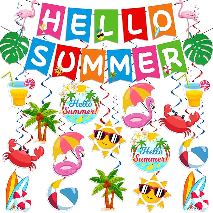 Summer Party Decorations, Beach Party Decorations Include Hello Summer Banner and Summer Beach Hanging Swirls, Summer Holiday Birthday Party Supplies