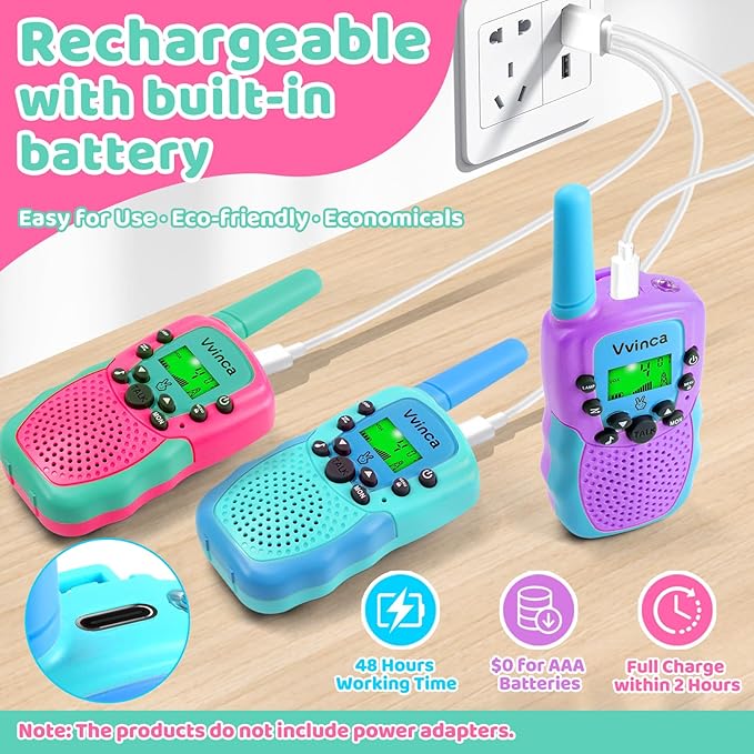 Vvinca Walkie Talkies for Kids 5 Pack, Toys for Boys Girls Age 3-13 Ourdoor Camping Gift, Including Dinosaur Walkie Talkies 2 Pack, Rechargeable Walkie Talkie 3 Pack for Christmas, Birthday Gifts