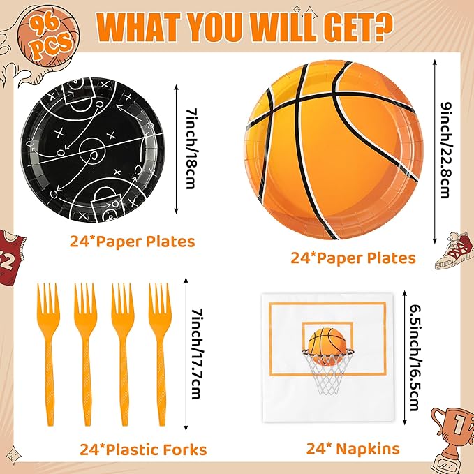 96Pcs Basketball Party Plates Supplies Sports Theme Tableware Decorations Disposable Paper Plates Napkins Forks for Team Celebrations Birthday Party, Serves 24