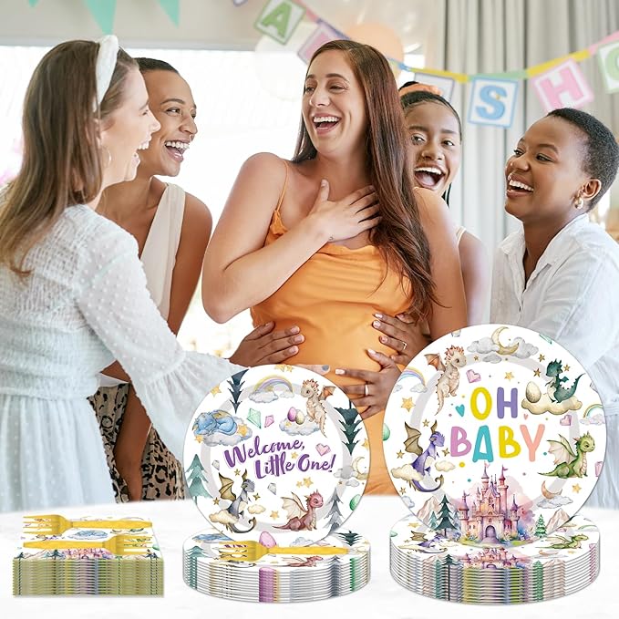 Dragon Birthday Party Supplies Tableware - 96 Pcs Watercolor Dragon Plates and Napkins, Magical Dragon Theme Dinnerware Set, Dragon Party Supplies Decorations for Baby Shower Serve 24 Guests