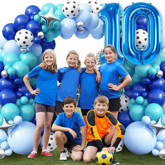 10th Birthday Soccer Party Decoration for Boys, 10th Soccer Birthday Balloons Arch with Royal Blue Teal Light Blue Balloon Garland Kit Large Number 10 Balloon for 10th Football Birthday Party Supply