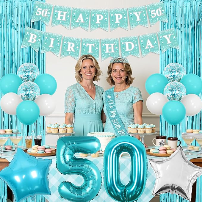 Funmemoir Teal 50th Birthday Decorations for Women - Happy 50th Birthday Banner Sash Tiara Foil Balloons Foil Fringe Backdrop and Cake Topper, Teal Blue 50 Years Old Party Supplies