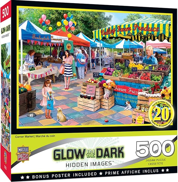 MasterPieces - 500 Piece Jigsaw Puzzle, Glows in the Dark, Hidden Images, Corner Market, Fun for Adults, Family, Kids, 15" x 21"