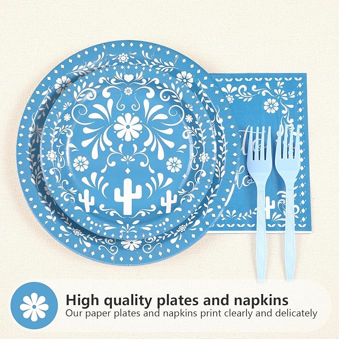 96Pcs Blue Cielito Lindo Party Decorations Mexican Fiesta Baby Shower Plates and Napkins Set Mexico Talavera Decorations for Boys Cinco De Mayo Mexican Gender Reveal Birthday Party Supplies Serves 24