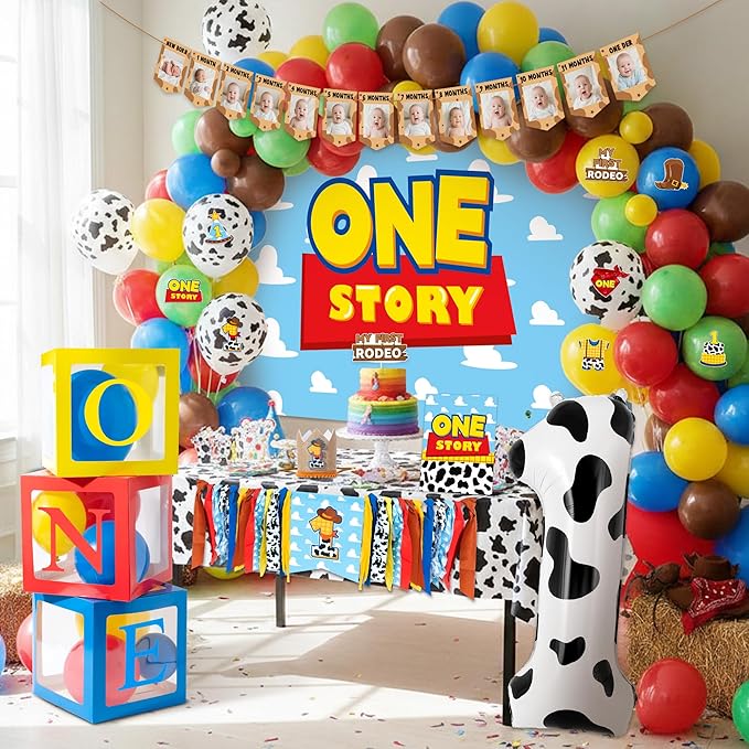 One Story Birthday Decorations for Boys - My First Rodeo Theme Party Favor for Baby Shower Decoration Include Birthday Hat Cake Topper Backdrop Tablecloth Photo Banner Arch Balloon Boxes Poster