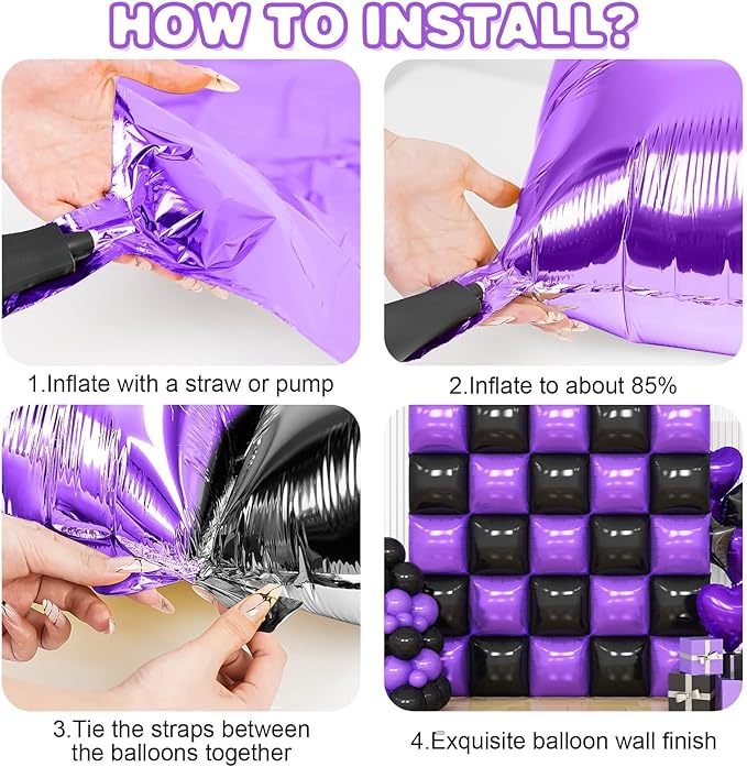 Black Purple Square Foil Balloon Wall,25Pcs Double Sided Foil Balloons Backdrop Helium Polyester Tunnel Arch Garland Kit for Birthday Bridal Anniversary Baby Shower Halloween Party Decorations