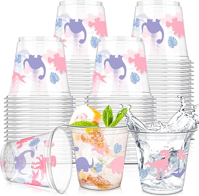 50 Pcs 9oz Dinosaur Cup Dinosaur Ice Cream Cups Plastic Disposable Clear Snack Bowls Dessert Bowls for Hot or Cold Soup Sundae Yogurt Supplies(Pink)