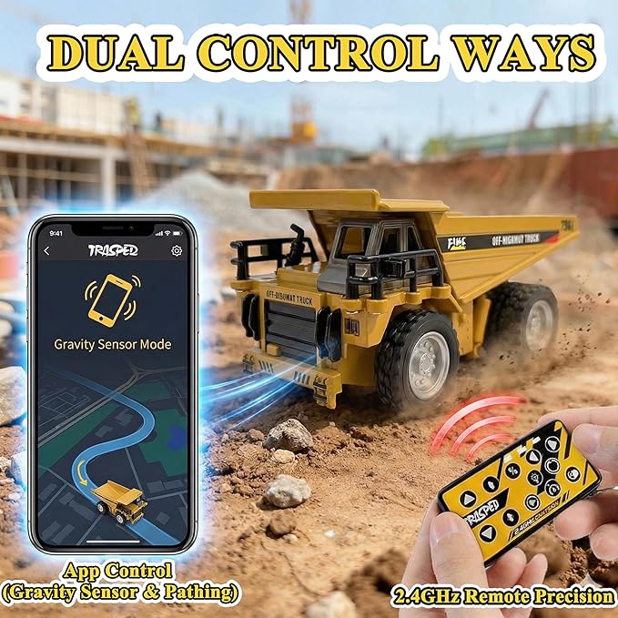 1:64 Mini RC Dump Truck Toy, Alloy Metal Construction Vehicle with App & Remote Dual Control, Variable Speed, LED Lights & Sound, RC Engineering Car Gift for Kids & Adults