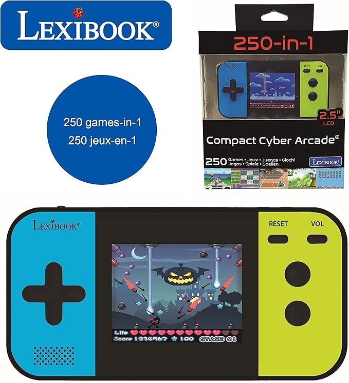 Lexibook Compact Cyber Arcade Portable Gaming Console, 250 Gaming, LCD, Battery Operated, Video Game for Children, Black/Blue/Green, JL2377