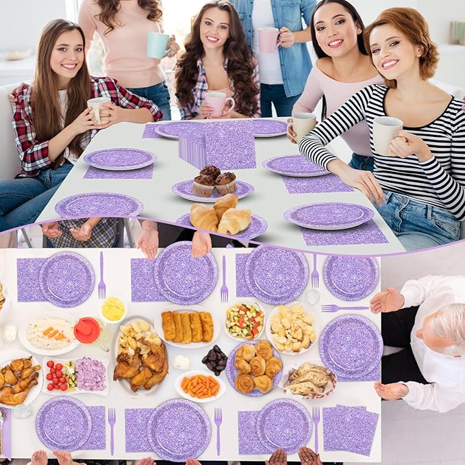 96PCS Purple Glitter Paper Plates and Napkins K-pop Purple Tableware Party Paper Plates Glitter Birthday Disposable Dinnerware Parties Set for Girl Women Sprinkle Wedding Anniversary Party Decorations