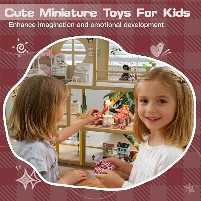 iLAND Cute Kids Toys for Girls 6-8 Lovely Dollhouse Furniture on 1/12 Scale Gingham Doll House Couch Set inc 2 Miniature Sofas 1 End Table 1 Rug Small for Girls