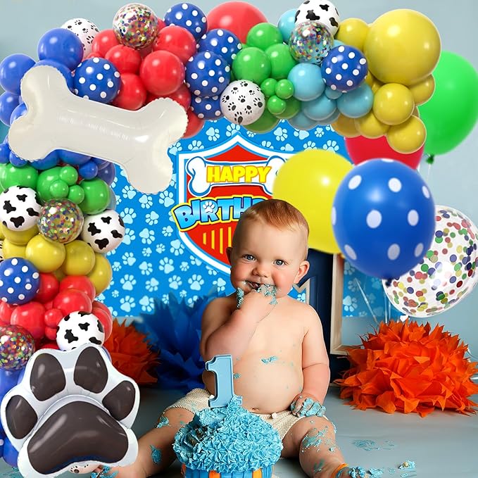 Winrayk 156Pcs Dog Paw Birthday Party Decorations Supplies for Boys Kids Teen, Blue Paw Print Balloon Arch Kit & Backdrop & Tablecloth & Dog Bone Foil Balloons, Puppy Theme Birthday Party Decorations