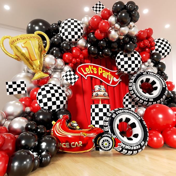 Race Car Balloons Arch Kit -Trophy, Flags, Cars, Tire, Checkered, Wheels and Red Black Silver Balloon Garland Kit for Racing Car Theme Two Fast 2nd One Theme 1st Boy Birthday Party Decoration