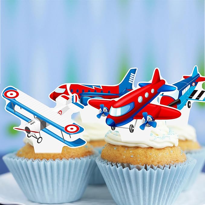 Airplane Cupcake Toppers Airplane Birthday Party Decorations 48PCS Plane Cupcake Picks Aircraft Helicopter Cake Decor for Aviation Theme Pilot Baby Shower Birthday Party Supplies