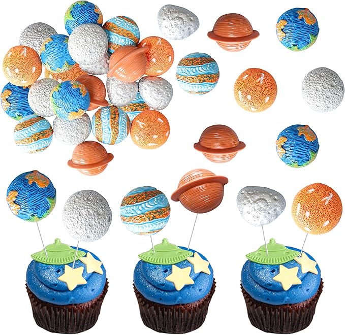 Ephlyn 18Pcs Outer Space Cupcake Toppers Planet Star Moon Cupcake Picks Solar System Galaxy Universe Planets Birthday Cupcake Decorations Party Supplies