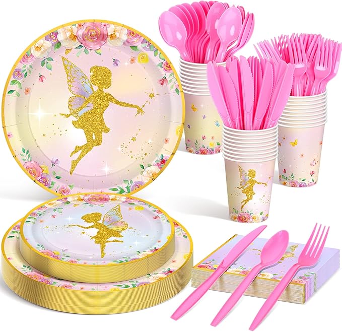 Meanplan 168 Pcs Fairy Party Supplies Fairy Plates and Napkins Fairies Tableware Set Plate Napkins Cups Knives Fork Spoon for Birthday Baby Shower Fairies Enchanted Party Decorations Serves 24 Guests