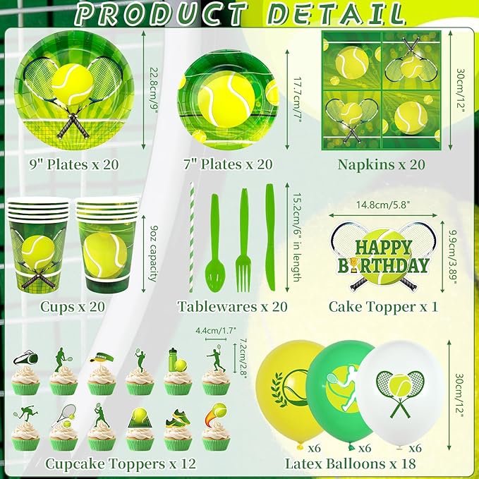 Tennis Birthday Party Decorations - Tennis Party Supplies including Backdrop, Plate, Cake Topper, Cup, Napkin, Balloon, Tablecloth - Serves 20