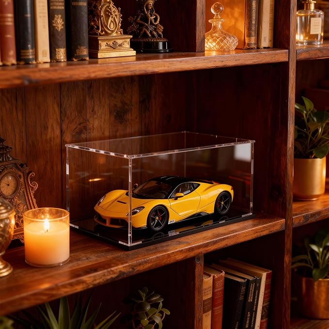 Acrylic Box with Matte Black Base, Simple Self-Assembly Clear Acrylic Display Case, Cube Dustproof Showcase with Lid for Collectibles, Toys and Jewelry (10x5x5 inch)