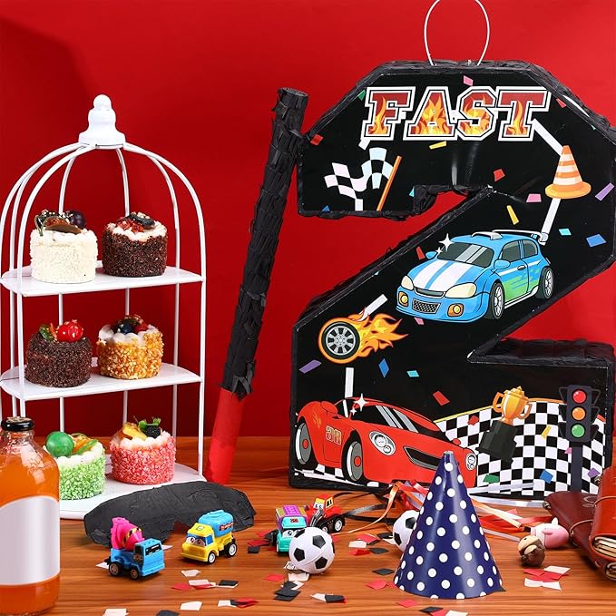 Race Car Piñata Pull String Cars Piñatas for Birthday Party Decorations Number 2 3 4 5 6 with Blindfold Stick Small Red Black Racing Theme 2nd 3rd 4th 5th 6th Party Supplies(Number 2)