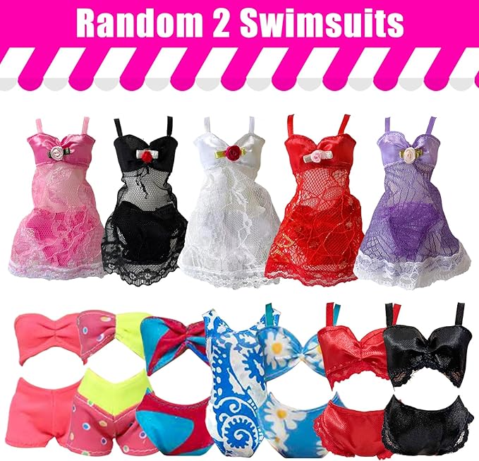 35 Pieces Doll Clothes and Accessories for 11.5 Inch Girl Dolls, Random 2 Wedding Dresses, 3 Fashionable Dresses, 3 Evening Dresses, 4 Tops, 4 Pants, 2 Swimwear, 5 Shoes, 10 Hangers, Necklace, Veil