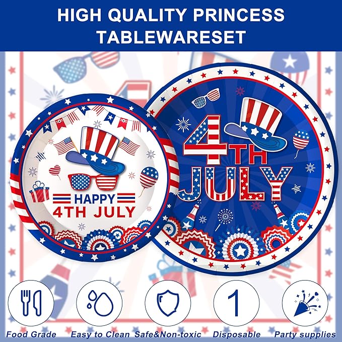 132 Pcs 4th of July Party Supplies for Boys Girls Independence Day Party Decorations Red White Blue Tableware with Plates Napkins Cups Forks Knives and Spirals 20 Guests
