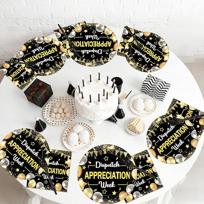96PCS Dispatch Appreciation Week Party Paper Plates and Napkins Thank You Party Decor Black Gold Work Anniversary Tableware for Staff Employee Party Gatherings Decorations