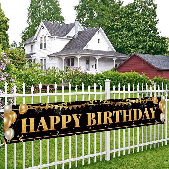 Black Gold Birthday Banner for Happy 1st to 100th - Boys, Girls, Men & Women - Reusable Decorations - Indoor Outdoor Party Supplies - 9.8x1.6 FT