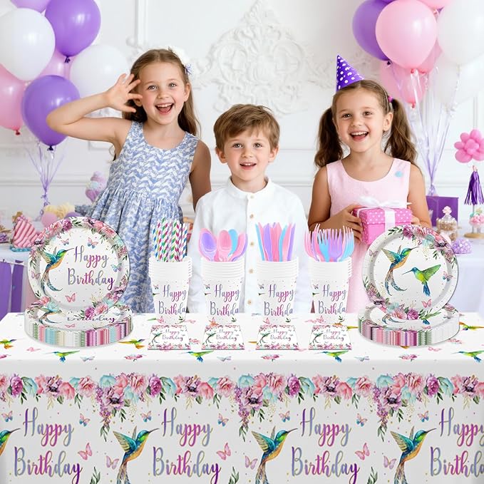 MEHOFOND Hummingbird Birthday Party Decorations, Bird Party Supplies, Spring Floral Watercolor Disposable Tableware Set 193Pcs Plates Napkins Plastic Tablecloth for Birthday Party