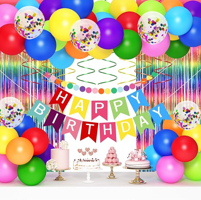 Rainbow Birthday Decorations for Kids Girls Women,Colorful Birthday Party Decorations for Girls with Happy Birthdays,Colorful Circle Parper Garland,Rainbow Fringe Curtain, Colour Party Supplies