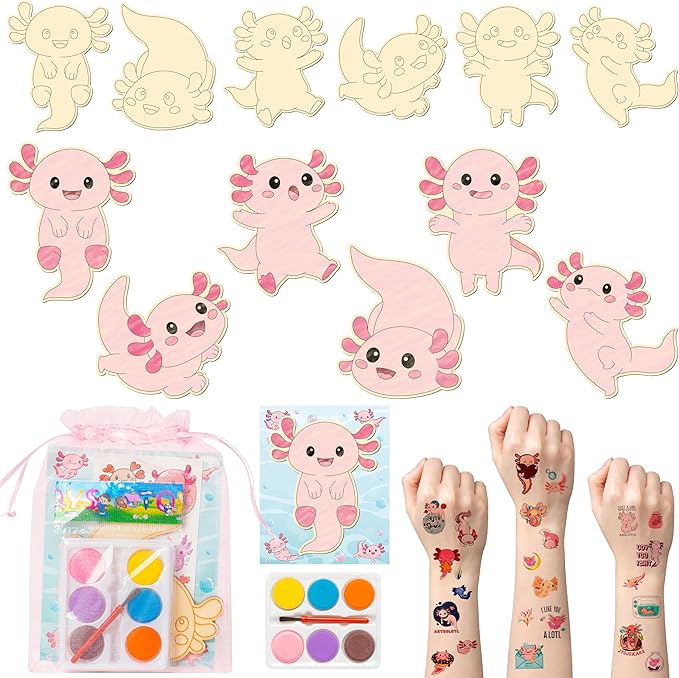 BeYumi Axolotl Party Favors Set - 24Pcs Axolotl Birthday Party Supplies Tattoo Stickers and Watercolor Paint Craft Kit Birthday School Classroom Goodie Bags Stuffers Prize Gifts for Kids Girls Toddler